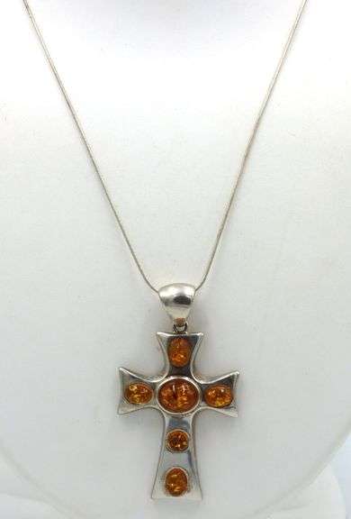Vintage 925 sterling silver amber cross pendant on Italian chain necklace
