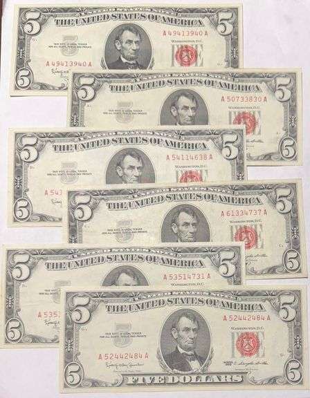 6 1963 Series Slider $5 Red Seal US Notes