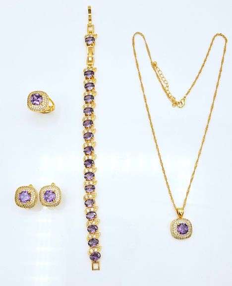 Gorgeous 18 Kt Gold Plate 5 Piece Lab Simulated Amethyst and Diamond Jewelry Set
