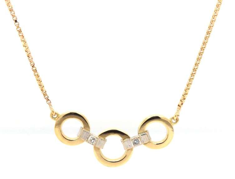 18kt Yellow gold 2 tone 3 circle diamond accent necklace