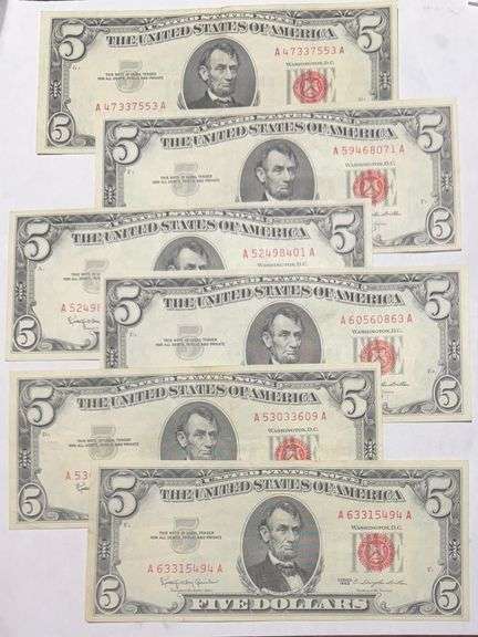6 1963 Series Slider $5 Red Seal US Notes.
