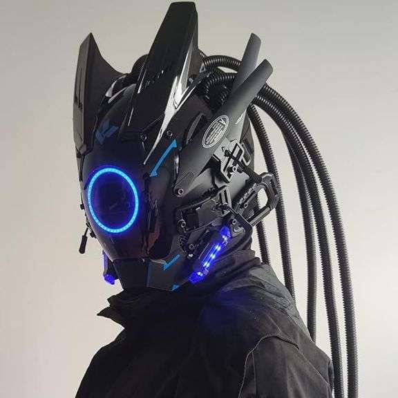 Futuristic Alien-Style Mask with LED Lights and Braided Tubes