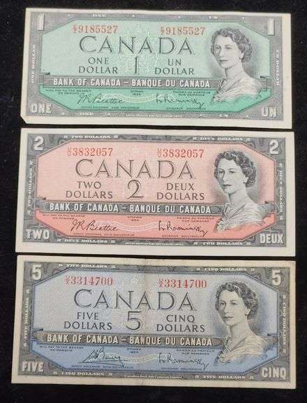 1954 Canadian Dollars Lot, $1, $2, $5