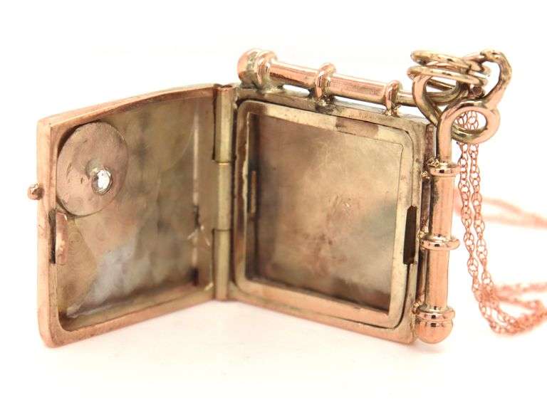 Antique 2 tone diamond square locket pendant on chain