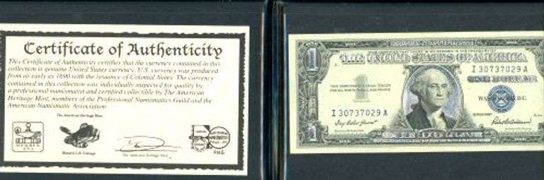 $1 Silver Certificate and $2 Red Seal Note in Folios w/Certificates