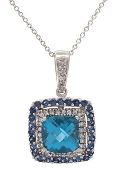 Le Vian 2.04ct Blue Topaz 0.35ctw Sapphire and 0.25ctw Diamond Double Frame Pendant Necklace in 14K