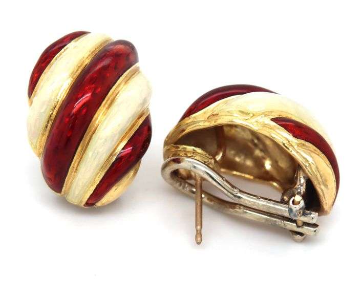 18kt Yellow gold Vintage signed red and white enamel earrings