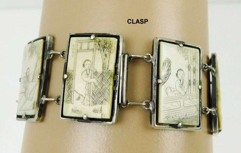 Early Asian Bone Scrimshaw Panel Link Bracelet