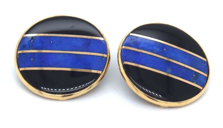 14kt Yellow gold Lapis, black onyx and gold disk earrings