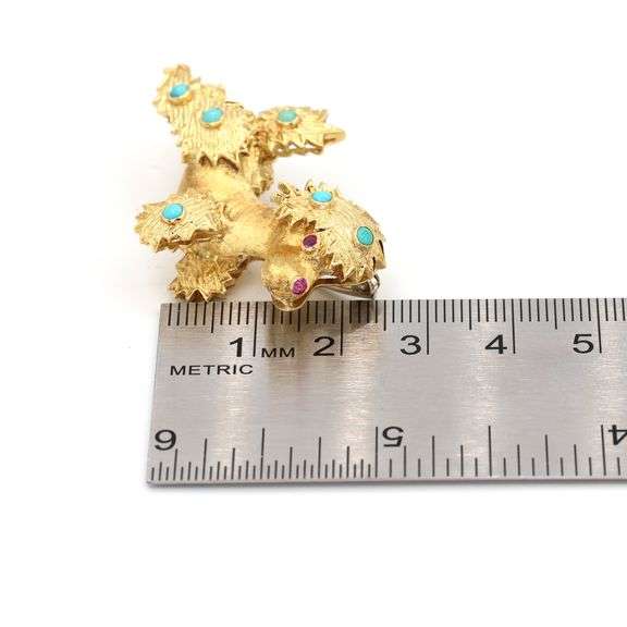 18k Yellow Gold Natural Turquoise Poodle Brooch Pin