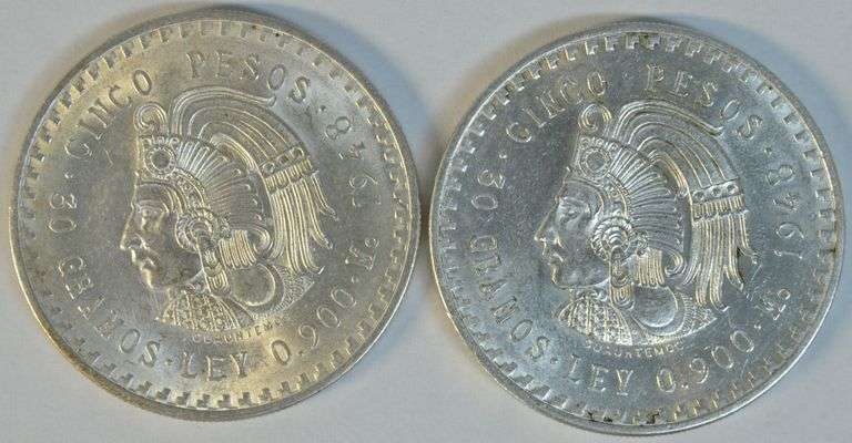 2 Choice BU Mexico Silver 5 Pesos Cuauhtemoc. Last Aztec Emperor