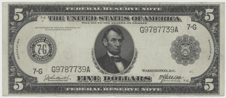 Crisp 1914 Series Large Size $5 Federal Reserve Note