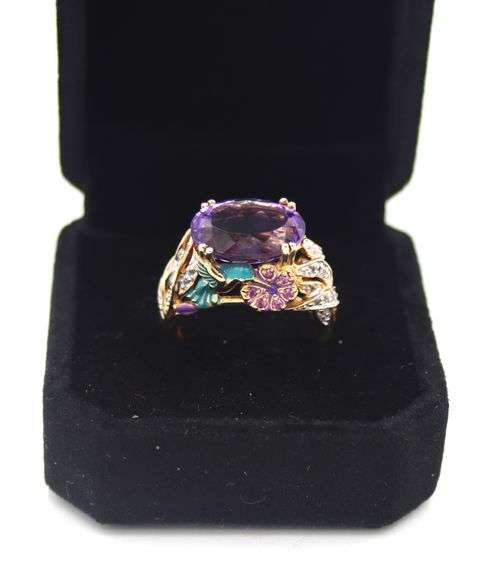14kt Yellow gold Apx 5.70ct Amethyst in Enamel Humming Bird Setting