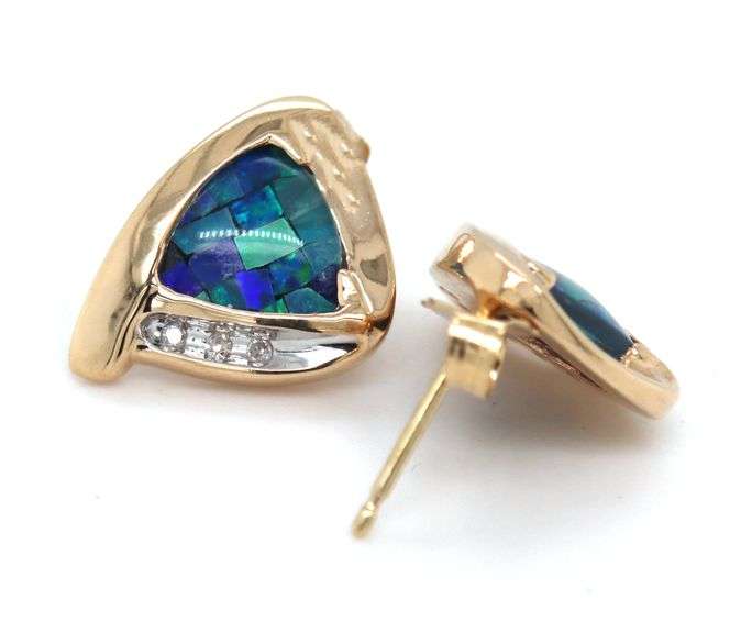10kt Yellow gold Mosaic opal and diamond earrings