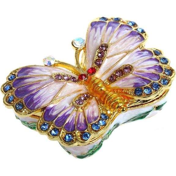 Butterfly Hand-Painted Metal and Crystal Trinket Box