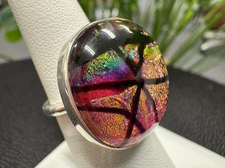 Sterling Silver 925 One of a Kind Dichroic Glass Ring Size 6.25