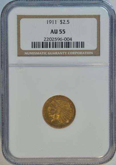 Near Mint 1911 US $2.50 Indian Gold Piece. NGC AU55