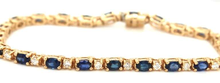 14kt Yellow gold oval blue sapphire and diamond bracelet