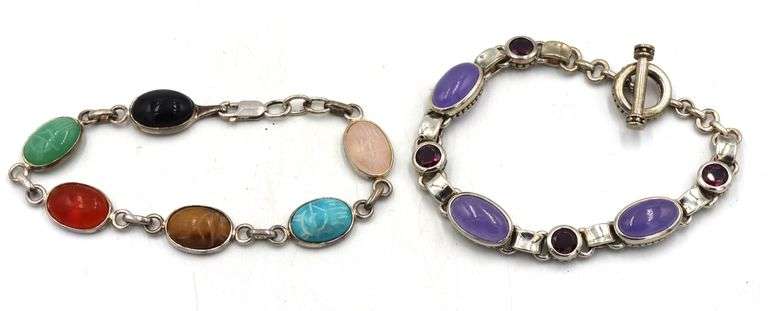 Group lot of 2 signed 925 sterling silver multi gemstone bracelets
