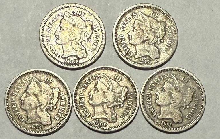 1865 1866 1867 1868 1869 3 Cent Nickels