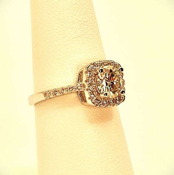 14 Kt White Gold Plate 6.5 mm Amber Ice Fire Moissanite Ring