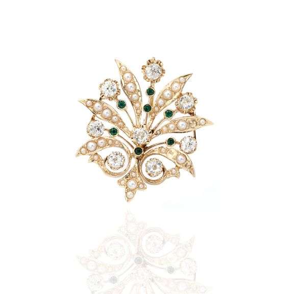 14k (585) Vintage Yellow Gold Natural Diamond and Emerald Brooch / Pendant