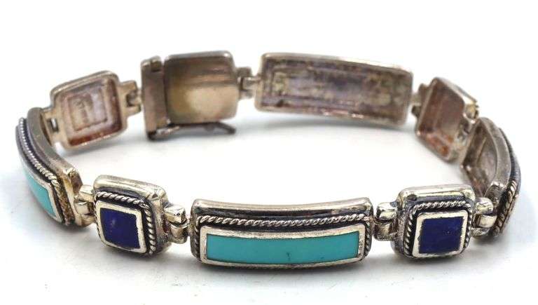 Vintage 925 sterling silver signed lapis and turquoise link bracelet