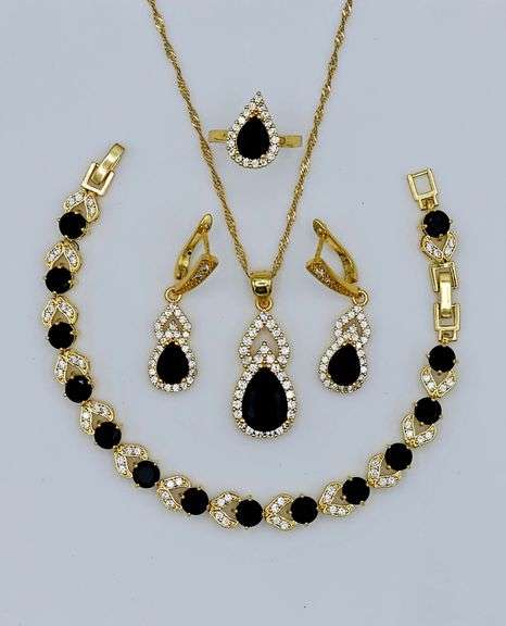 Timeless Classic 18 Kt Yellow Gold Plate 4 Piece Lab Simulated Black Diamomd Jewelry Set