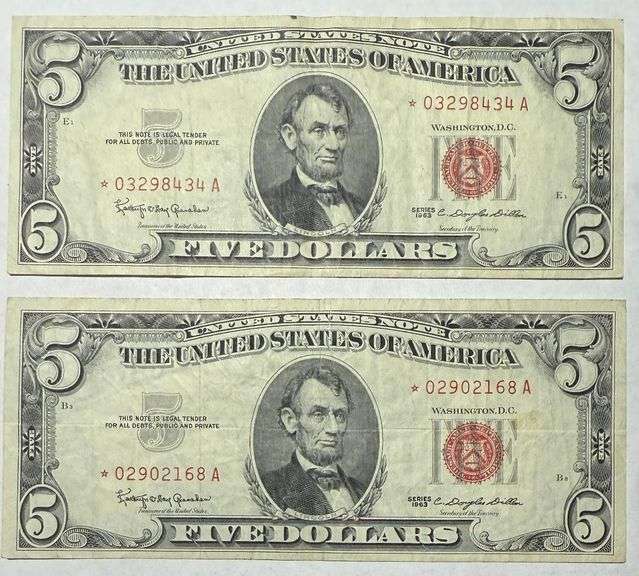 2 1963 Series Star $5 Red Seal US Notes