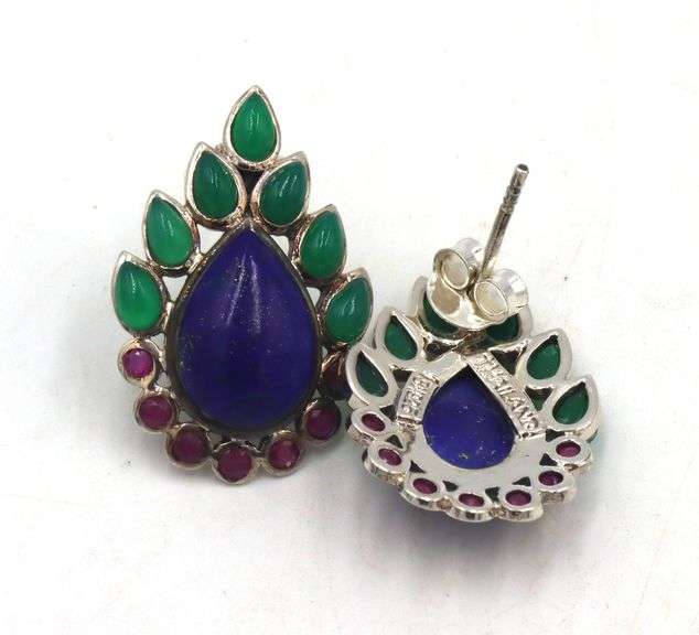 Set of 925 sterling silver multi color gemstone pendant on chain with matching earrings
