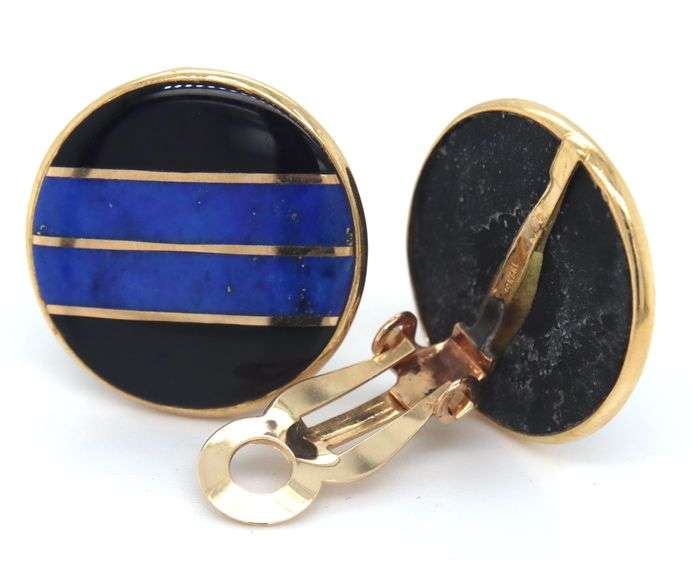 14kt Yellow gold Lapis, black onyx and gold disk earrings