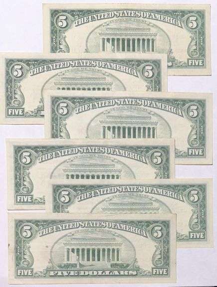 6 1963 Series $5 Red Seal US Notes.