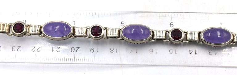 Group lot of 2 signed 925 sterling silver multi gemstone bracelets