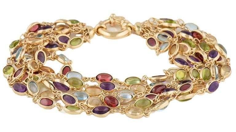 Multi Gemstone Bezel Set Multi Strand Station Bracelet in 14K