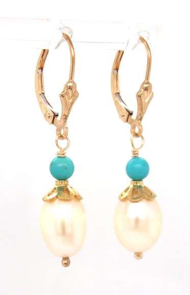 14kt Yellow gold pearl turquoise dangle earrings