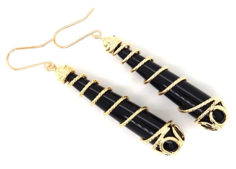 14kt Yellow gold black and gold swirl dangle earrings