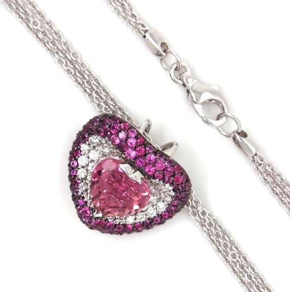 18kt White gold 4.50ct pink tourmaline and pave diamond and pink sapphire pendant on multi strand ne