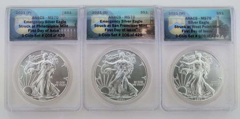 2021 (P) (S) (W) American Silver Eagles Set, ANACS - MS70