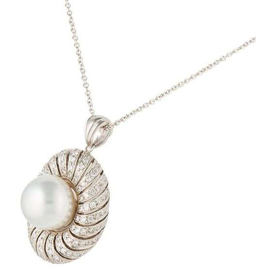 18kt White gold 12.0MM South Sea Pearl and 0.75ctw Diamond Swirl Frame Pendant Necklace