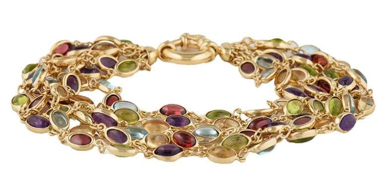 Multi Gemstone Bezel Set Multi Strand Station Bracelet in 14K