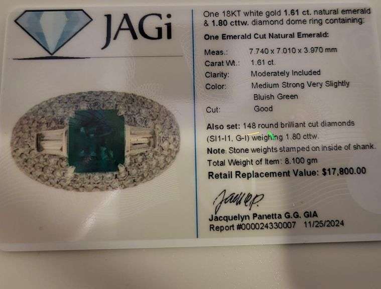 Exquisite 18K White Gold Dome Ring with 1.61 ct Natural Emerald and 1.80 ct Diamonds