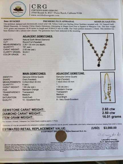 14KT Yellow Gold over Sterling Silver Diamond and Citrine Necklace