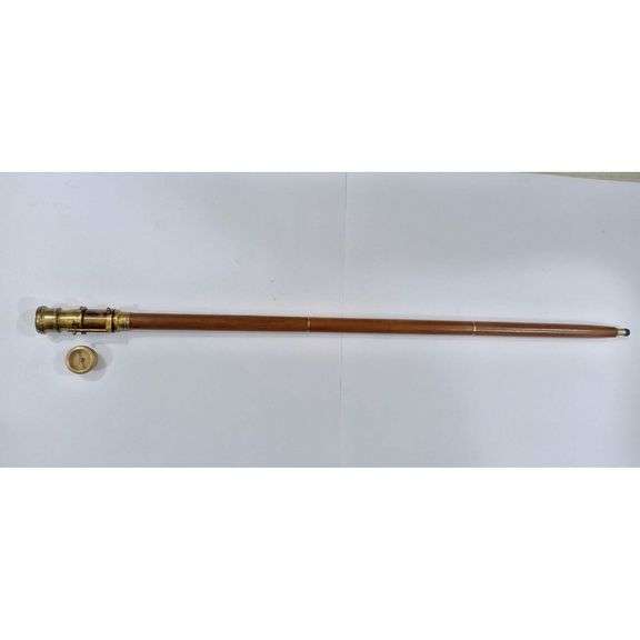 Wooden Walking Stick with Hidden Brass Telescope and Compass Handle