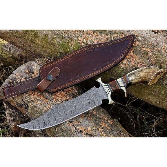 Damascus Steel Hunting Knife Stag Antler Handle