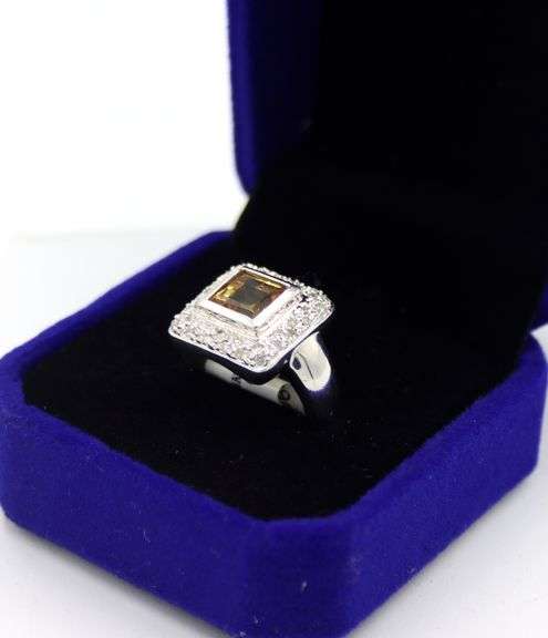 14kt White gold Square Citrine Bezel Set & Halo diamond Ring