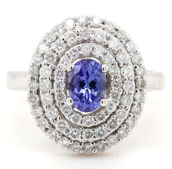 14kt White gold Tanzanite and diamond triple frame ring