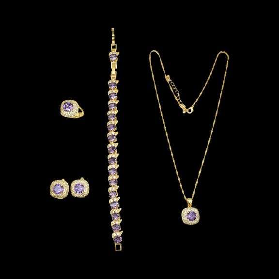 Gorgeous 18 Kt Gold Plate 5 Piece Lab Simulated Amethyst and Diamond Jewelry Set