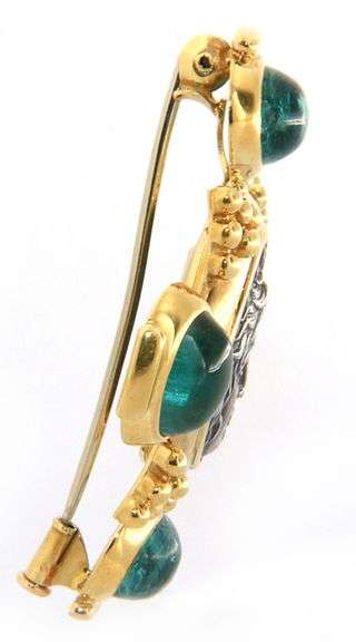 18kt Yellow gold Elizabeth Gage Ancient Coin and Aquamarine Cabochon Brooch