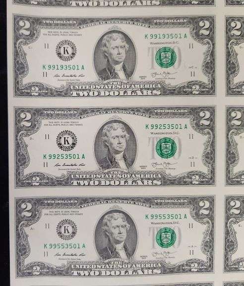 2013 Two Dollar Bill Uncut Currency Sheet, 16 Notes
