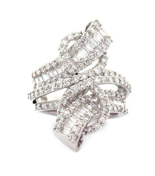 18kt White gold 4.50ctw Round and Baguette Diamond Frame Swirl Bypass Cocktail Ring